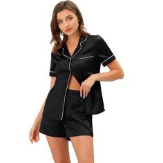 Great for loungewear, nightwear, sleepwear, home bedroom, daily wear. Features: 2 Piece sleepwear set, includ short sleeves tops and shorts. These women's sleepwears set use the super soft breathable pure satin, give you best dress exprience. No matter the cozy bedtime, casual home relax, laze afternoon, comfy bath, the soft and lightweight women's nightdress could company with you all the time. It's good choice to be a perfect gift for your mom, wife,daughter, girlfriend,or friends as lounge we Button Down Shirt With Shorts, Satin Button Down Shirt, Shorts Sleepwear, Satin Pj Set, Satin Fashion, Womens Pajama Shorts, Cute Sleepwear, Satin Set, Silk Pajama Set