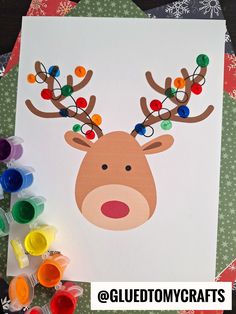 Reindeer Covered In Thumbprint Lights Reindeer Christmas Ornaments Diy, Preschool Reindeer Crafts, Reindeer Art For Kids, Reindeer Crafts Preschool, Fingerprint Reindeer, Reindeer Thumbprint, Thumbprint Crafts, Reindeer Printable, Painted Antlers