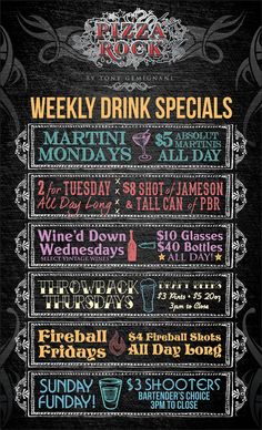 a chalkboard sign with drinks on it and the words, weekly drink specialss