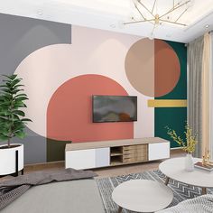 a modern living room with an abstract wallpaper and white coffee table in front of the flat screen tv