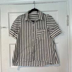 Zara, Nwot Size Xsmall, Off-White And Black Geometric Striped Button Up Top With Pocket Sleeves Have A Slight Flattering Puff Shape 100% Cotton In Excellent Condition No Signs Of Wear Striped Button Shirt For Day Out, Zara Striped Collared Tops, Zara Striped Blouse For Work, Zara Short Sleeve Tops With Buttons, Zara Short Sleeve Blouse With Buttons, Zara Short Sleeve Buttoned Blouse, Button Up Top, Zara Black, Zara Tops