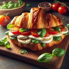 a croissant sandwich with tomatoes, mozzarella and basil on a cutting board