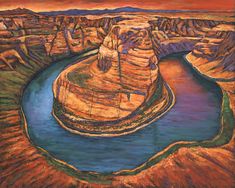 a painting of a river in the middle of a canyon with rocks and cliffs around it