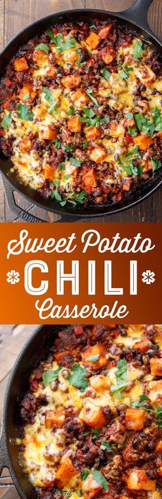 sweet potato and chili casserole in a cast iron skillet on a wooden table