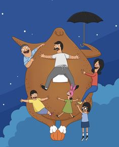 the family is hanging out in the sky with an umbrella