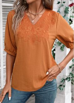 Color:Terracotta;Size:M;Size:L;Size:XL;Size:2XL;Package Contents:1 X Blouse;Occasion:Other;Style:Casual; Elegant Dresses Plus Size, Beach Bridesmaid Dresses, Swimwear Suits, Half Sleeve Shirts, Half Sleeve Blouse, Orange Shirt, Denim Leggings, Collar Blouse, V Neck Blouse