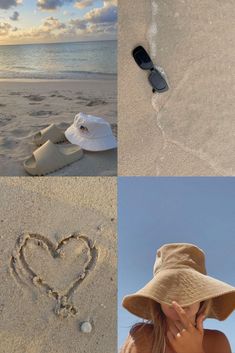 a collage of photos with shoes and hats on the beach