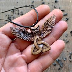 vkngjewelry Pendant Unique Wood Barn Owl and Triquetra Pendant Triquetra Pendant, Natural Magic, Celtic Art, Owl Pendant, Wood Carvings, Ancient Symbols, Barn Owl, Patterns In Nature, Barn Wood