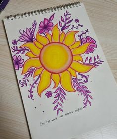 a drawing of a sunflower with purple and yellow flowers