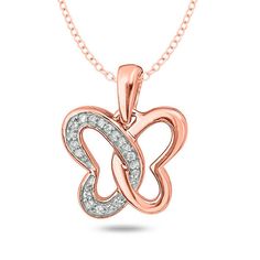 So sweet, this sparkling diamond open butterfly pendant is the perfect gift for any occasion. Crafted in sterling silver with 14K rose gold plate, this shimmering dangle features one diamond-lined and one polished heart-shaped loop that entwines to create a butterfly design. Radiant with 1/20 ct. t.w. of diamonds and a brilliant buffed luster, this papillon pendant suspends along an 18.0-inch cable chain that secures with a spring-ring clasp. Fine Jewelry Rose Gold Butterfly Charm, Rose Gold Butterfly Fine Jewelry, Rose Gold Diamond Jewelry With Butterfly Charm, Diamond Jewelry With Butterfly Charm For Anniversary, Anniversary Diamond Jewelry With Butterfly Charm, Formal Rose Gold Jewelry With Butterfly Charm, Butterfly Shaped Diamond Jewelry In Rose Gold, Rose Gold Diamond Butterfly Jewelry, Butterfly-shaped Rose Gold Diamond Jewelry