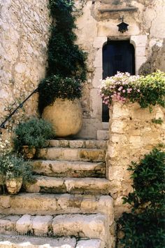 an old stone building with plants growing on the steps