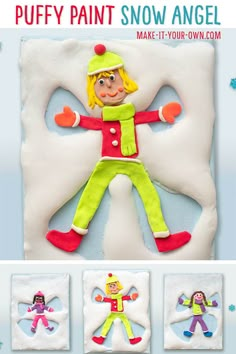 an advertisement for puffy paint snow angel