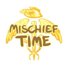 the mischef time logo is yellow and has an angel on top of it