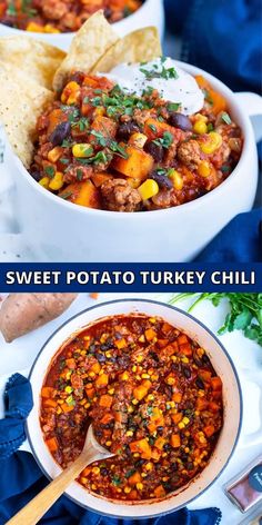 two pictures with different types of food in them and the words sweet potato turkey chili