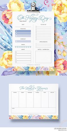 the wedding planner is displayed on a clipboard with watercolor flowers and blue sky in the background