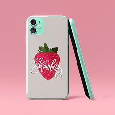 an iphone case with a strawberry on it and the words, strawberries written in cursive writing