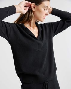 Our best-selling cashmere in another timeless style: the polo sweater. Made of 100% Mongolian cashmere (of course), in a relaxed fit, with an open polo collar for a casual-luxe look. Also offered in sizes 1X - 3X.  | Quince | Women's Mongolian Cashmere Polo Sweater in Black, Size XS Collared Polo Sweater For Everyday Fall Wear, Cashmere Polo Sweater With V-neck And Ribbed Collar, Black Cashmere Polo Sweater For Work, Chic Cashmere Polo Sweater With Ribbed Collar, Classic Winter Polo Sweater For Everyday, Classic Relaxed Fit Polo Sweater For Fall, Classic Johnny Collar Polo Sweater For Fall, Elegant Polo Sweater With Johnny Collar For Fall, Elegant Fall Polo Sweater With Johnny Collar