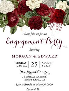 an engagement party card with roses and leaves on the front, in red and white