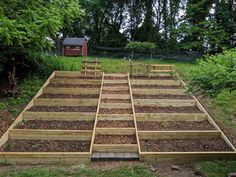 several wooden raised garden beds in the middle of a grassy area with trees behind them