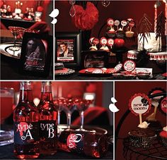 a collage of photos with red and black decorations, wine bottles, and other items