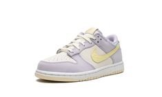 The Nike Dunk Low PS "Easter" is the preschool sizing of the classic basketball shoe in an Easter-inspired colorway.  The “Easter” Dunk Low features a fresh design with pastel colors that are commonly associated with the springtime holiday.  Oxygen Purple leather overlays are layered over the Summit White leather base.  A Topaz Gold leather Swoosh appears on both sides.  Gold accenting also appears on the “Nike” embroidery on the heel and on the tongue tag.  The collar is finished off in a white Easter Shoes, Nike Embroidery, Blue Picnic, Easter 2023, Dunks Nike, Stadium Goods, Nike Kids, Purple Leather, Nike Dunk Low