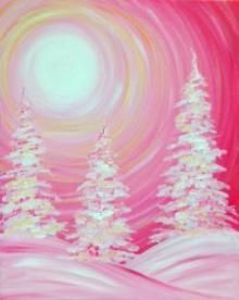 a painting of snow covered trees against a pink sky