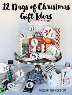 the twelve days of christmas gift ideas are displayed on a cake platter with presents