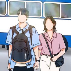 two people with backpacks standing in front of a bus