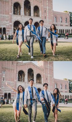 three pictures of people walking in front of a building with blue sashes on their heads