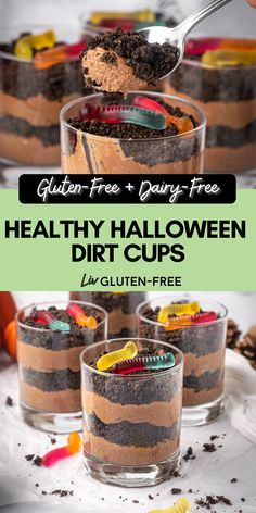 healthy halloween dirt cups with text overlay that reads gluten free and dairy free