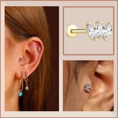 two different images of ear piercings and one with an arrow on the end,