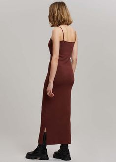 Nanushka Nyoka Knit Dress - Mahogany Dress Nanushka Fitted Knit Dress With Spaghetti Straps, Fitted Brown V-neck Slip Dress, Hugging Silhouette, Brown Dress, Side Split, Split Hem, Stretching, Midi Length, Knit Dress