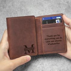 This engraved trifold wallet would be the perfect gift for your Dad on Father's Day, Birthday, and much more! You can personalize by adding a name/initials on the front as well as special message to remember inside. ► MORE ∙ P E R S O N A L I Z A T I O N Add more personal touch to your gifts with a Custom Aluminum Wallet Insert Card from this listing: https://etsy.me/3x6Jum5 The perfect gift combo that the recipient is sure to cherish for years to come. P R O D U C T ∙ I N F O * Materials: Genuine Leather * Personalization:   - Front: Name/Initials (6 optional fonts)   - Inside left & Right (4 font options): Message from family members  (you can also personalize the inside with any message you want) * Words limit on the inside: 30-35 words/side * Features: - 6 credit card slots - 1 slip po Personalized Bifold Card Holder With Card Slots, Personalized Rectangular Trifold Wallet, Trifold Wallets With Rfid Blocking For Gifts, Trifold Wallet With Card Slots As Gift, Trifold Rfid Blocking Card Holder As Gift, Father's Day Gift Trifold Wallet With Card Slots, Personalized Brown Trifold Wallet For Father's Day, Father's Day Trifold Wallet With Card Slots, Father’s Day Gift Trifold Wallet With Card Slots