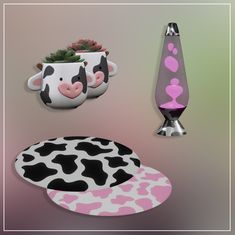 three different items are displayed on a pink and green background, including a cow shaped object