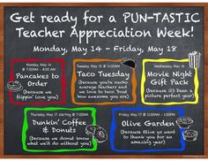 a chalkboard with instructions to get ready for a pun -tastic teacher appreciation week