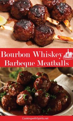 bourbon whiskey barbecue meatballs are served on skewers with garnishes