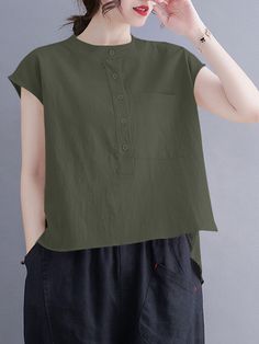 Buttoned Summer Tops, Summer Khaki Solid Color Tops, Casual Plain Button-up Blouse, Khaki Solid Color Summer Blouse, Relaxed Fit Solid Top With Buttons, Plain Button-up Summer Blouse, Summer Khaki Relaxed Fit Blouse, Summer Relaxed Fit Khaki Blouse, Summer Khaki Blouse With Relaxed Fit