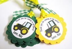 two tags that say i love my tractor and one says, thank you for going to my party