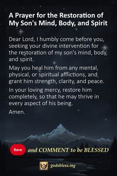 A Prayer for the Restoration of My Son's Mind, Body, and Spirit Christmas Readings, Family Curses, Pray For Leaders, Prayer For My Marriage, Family Prayers, Praying Woman, Mothers Quotes To Children