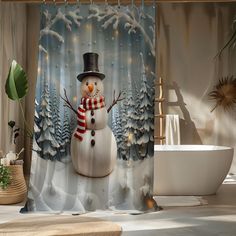 a shower curtain with a snowman on it