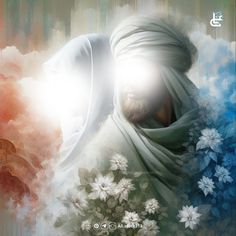 a painting of a man wearing a white turban with flowers in front of him