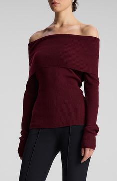 Get cozy for the cooler seasons in sultry style with this shoulder-baring wool-blend rib sweater that has a fold-over neckline. 20" center front length (size Medium) Off-the-shoulder neck Long sleeves 94% merino wool, 6% polyester Dry clean Imported Burgandy Sweater, Sultry Style, Merino Wool Clothing, Rib Sweater, Fine Knit Sweater, Camel Sweaters, Drop Shoulder Sweaters, Wool Turtleneck, Burgundy Sweater