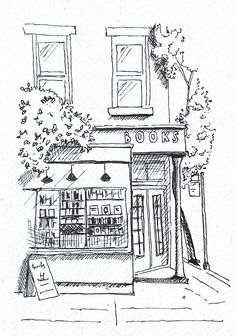 a black and white drawing of a storefront on the side of a street with trees