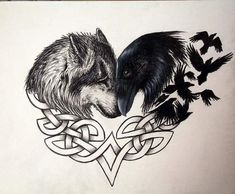 a drawing of two black and white wolfs with their heads in each other's eyes