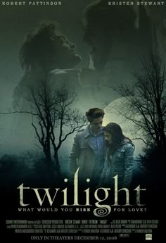 a movie poster for twilight featuring two people standing in front of a full moon and trees