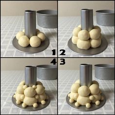 four pictures show how to make a cake with fondant balls on top and bottom