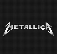 A pixel art template of the Metallica logo, white (text) on dark grey. Metallica Cross Stitch, Perler Bead Band Logos, Metallica Perler Beads, Band Logo Pixel Art, Deftones Pixel Art, Pixel Album Cover, Band Pixel Art, Album Cover Pixel Art, Band Cross Stitch