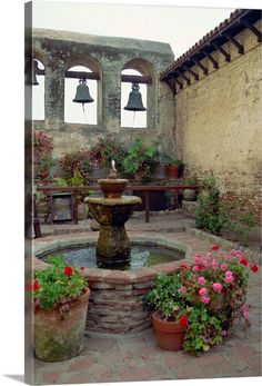 a fountain surrounded by potted plants and flowers in front of an old stone building