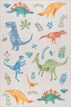 a rug with dinosaurs and plants on it