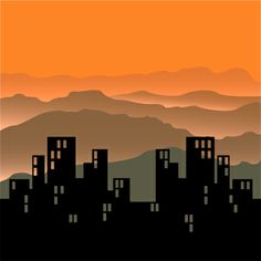 an orange and black cityscape with mountains in the background